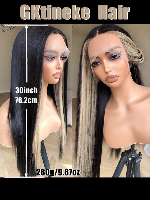 30 Inch Black and Blonde Wig Skunk Stripe Long Straight Lace Front Wigs, for Cosplay, Anime Or Costume Party, Striking Natural Looking Fluffy Hair Wigs without Bangs for Daily & Party