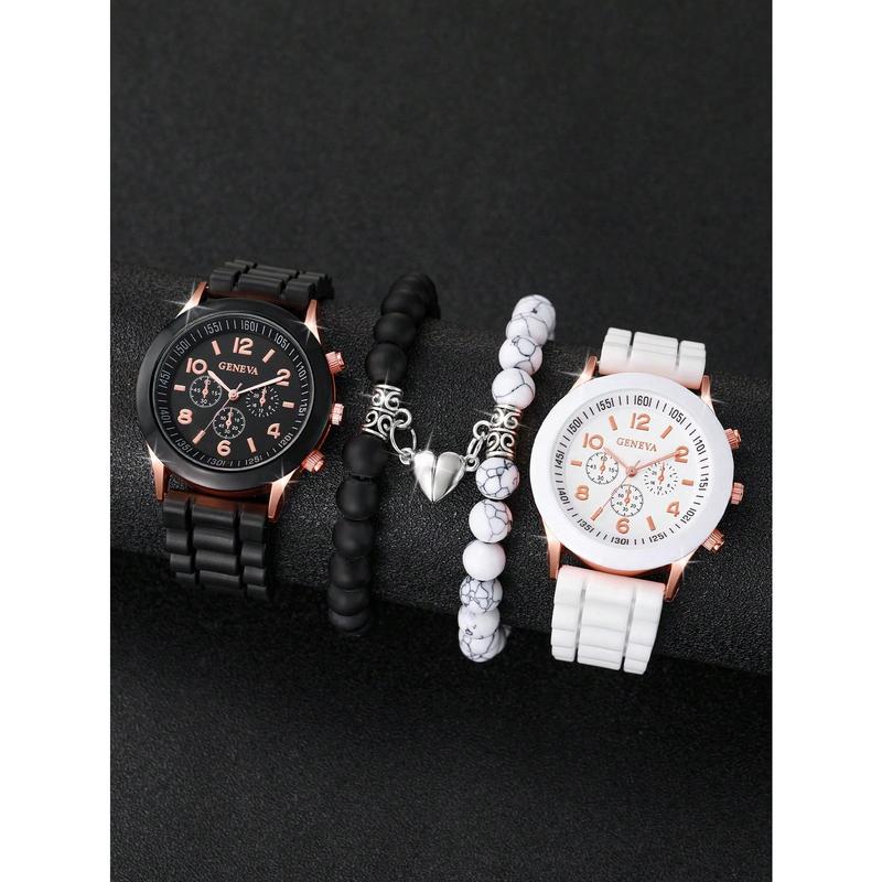 Fashion New Style 4pcs Set Couple's Fashionable and Concise Digitally Indexed Dial Quartz Wristwatch + Heart Shaped Beaded Bracelet Set As A Gift for Students Returning To School