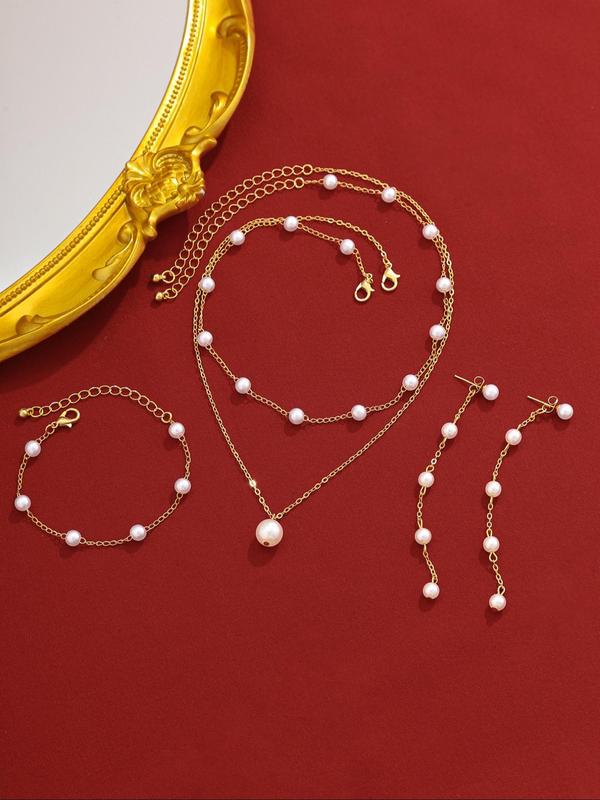 Women's Elegant Faux Pearl Decor Jewelry Set, Trendy Exquisite Pendant Necklace & Dangle Earrings & Ring & Bracelet, Chic Jewelry Set As Gift for Girlfriend