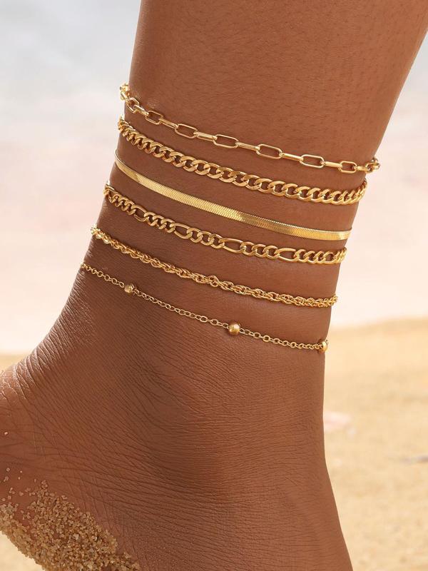 Women's Boho Style Minimalist Anklets, 6pcs set Fashionable Retro Anklets for Women & Girls, Trendy All-match Vintage Body Jewelry As Gift for Summer Decor