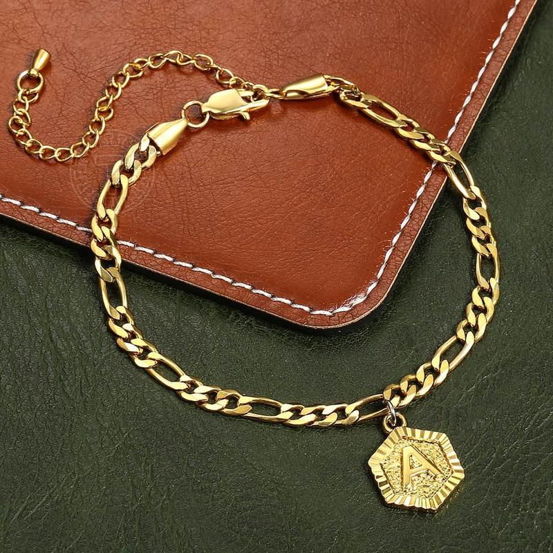 Hermah Hexagon Initial Letter Charm Figaro Anklet Bracelet Gold Color for Women - Gold Plated Foot Chain