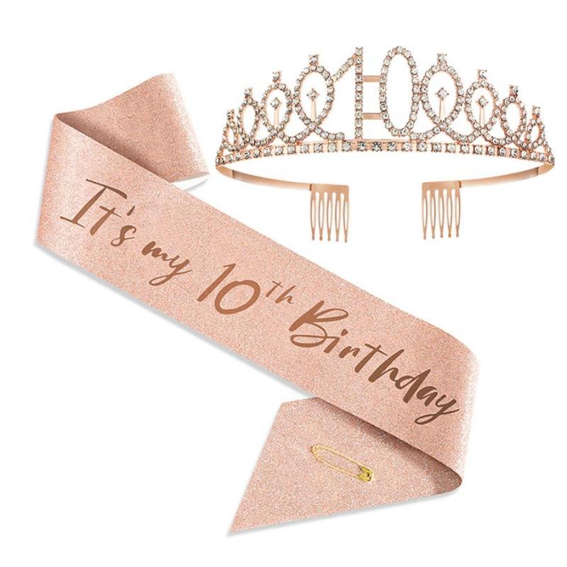 Birthday Crown & Sash Set, 1 Set Rhinestone Crown & Sash, Birthday Party Hat Accessories for Women & Girls