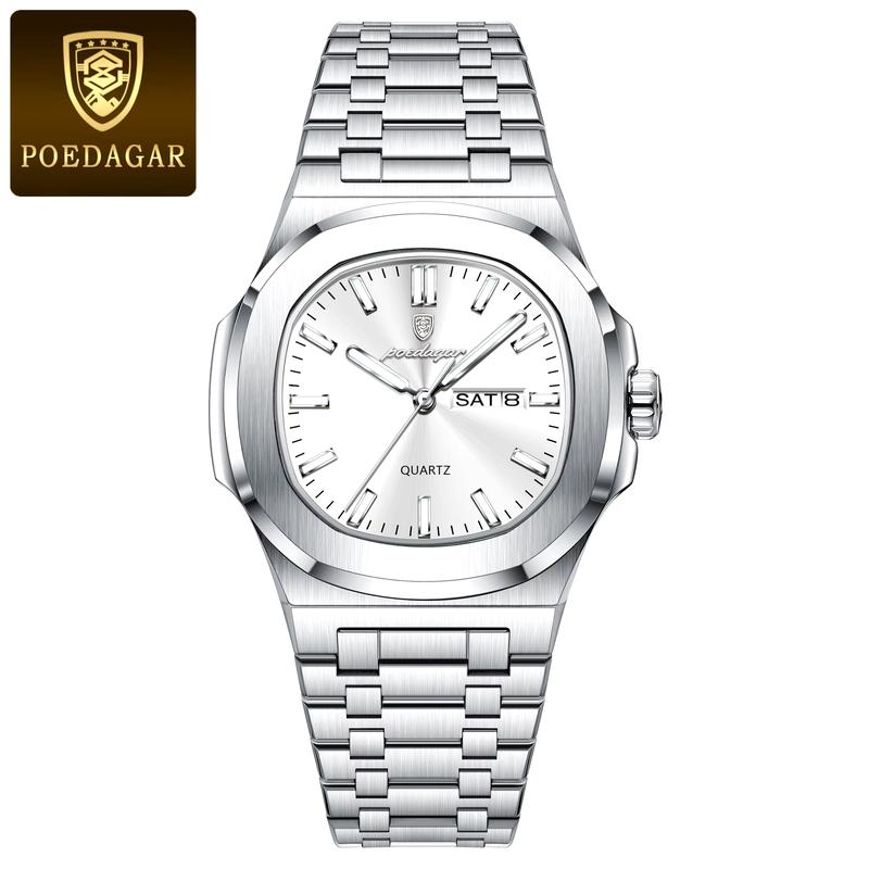 POEDAGAR Luxury Military Man Watch Square Waterproof Luminous Date Week Men Watch Stainless Steel Quartz Men'S Watches Reloj+Box POEDAGAR