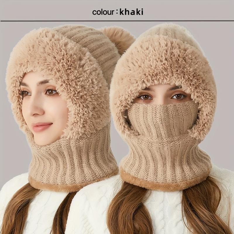 A Winter Knitted Hat-3-in-1 Knitted Hat Scarf Mask with Wool Lining and Ear Flaps Suit-Windproof Warming Kerchief Scarf, Suitable for Cycling, Acrylic Hand Wash Elastic Braided Hat, No Feather