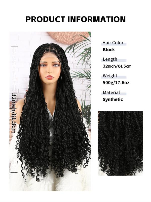 32 Inch Long Deep Wave Braided Lace Wigs for Women,  Braids Hairstyles, Gorgeous Fluffy Wigs with Baby Hair Bangs, Synthetic Lace Braid Wigs for Party, Daily Use Boho Braids Hairstyles