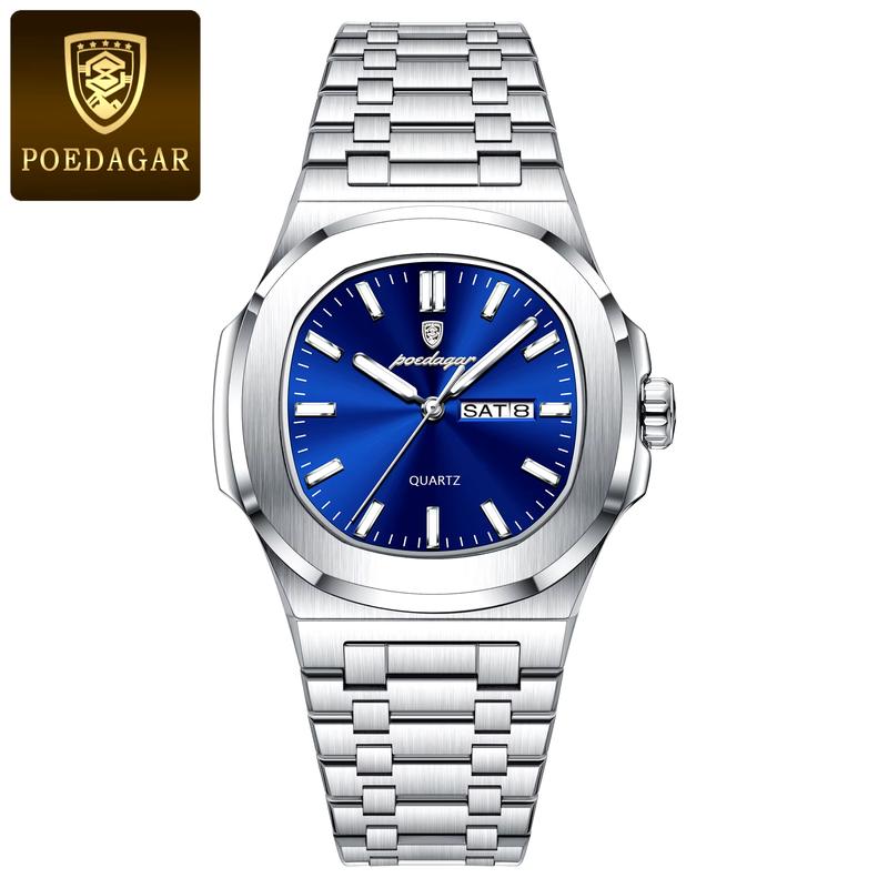 POEDAGAR Luxury Military Man Watch Square Waterproof Luminous Date Week Men Watch Stainless Steel Quartz Men'S Watches Reloj+Box POEDAGAR