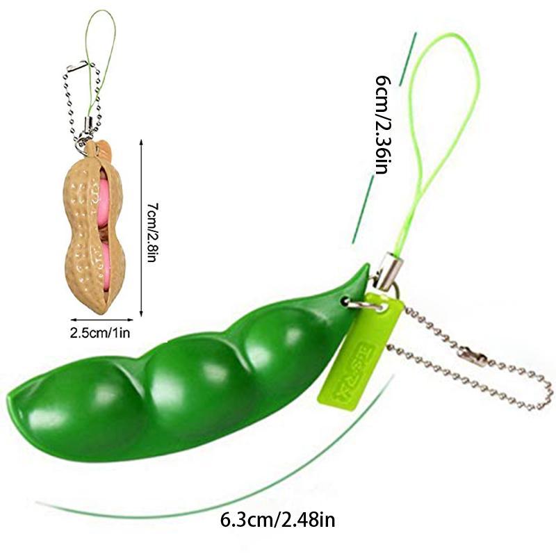 Decorative Keychain, Squeeze-a-Bean Stress Relieving Playful Charms, Extrusion Edamame Pea Keychain for Mobile Phones and Keys