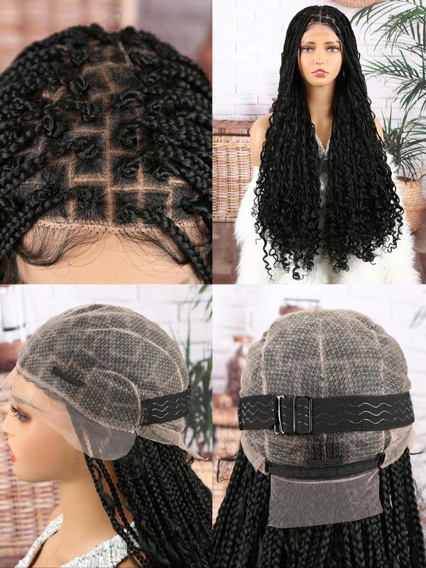 32 Inch Long Deep Wave Braided Lace Wigs for Women,  Braids Hairstyles, Gorgeous Fluffy Wigs with Baby Hair Bangs, Synthetic Lace Braid Wigs for Party, Daily Use Boho Braids Hairstyles