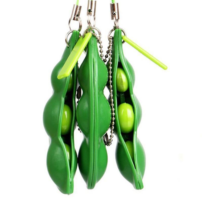 Decorative Keychain, Squeeze-a-Bean Stress Relieving Playful Charms, Extrusion Edamame Pea Keychain for Mobile Phones and Keys