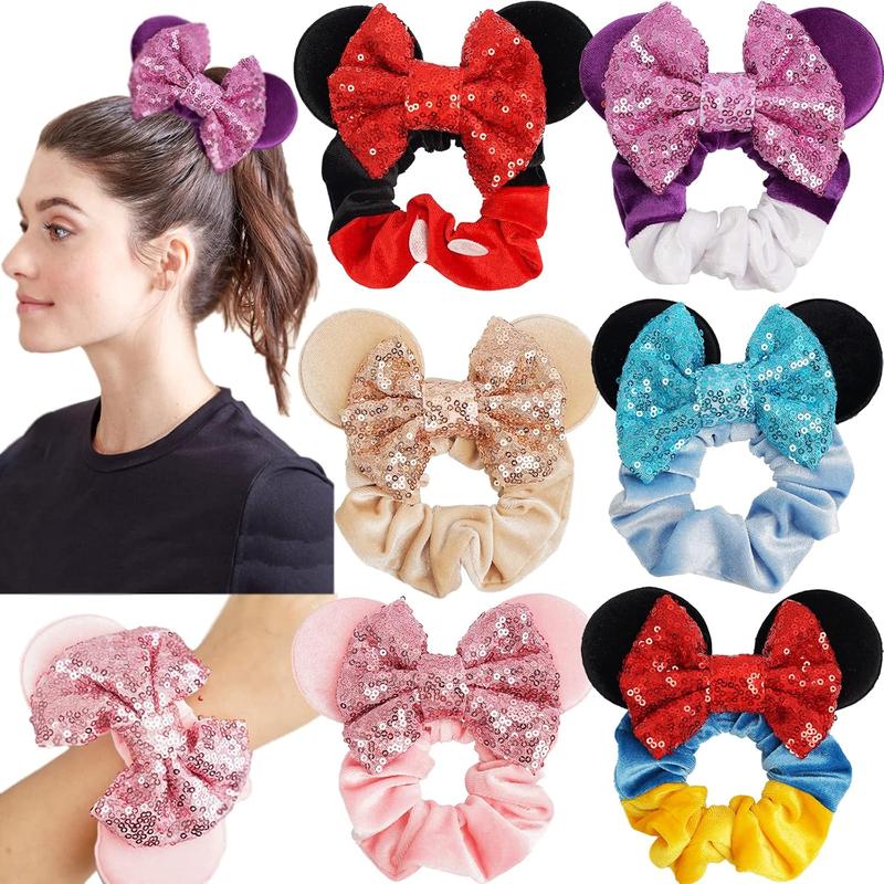 6 Pack Mouse Mickey Ears Scrunchies Velvet Sparkle Sequin Minnie Bows Hair Scrunchies Hair Ties Elastic Rubber Bands