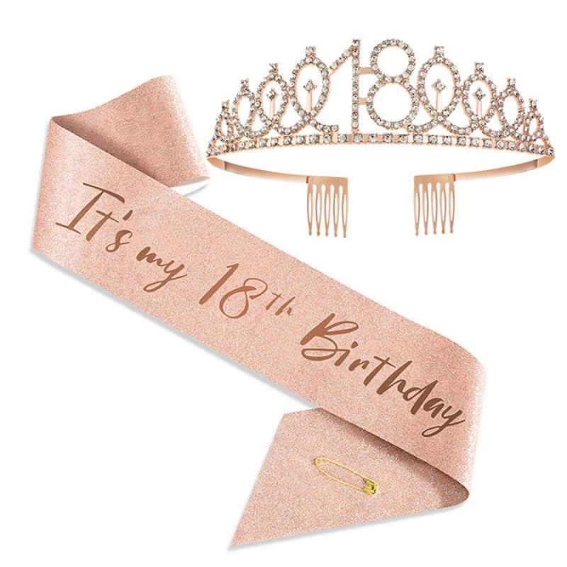 Birthday Crown & Sash Set, 1 Set Rhinestone Crown & Sash, Birthday Party Hat Accessories for Women & Girls