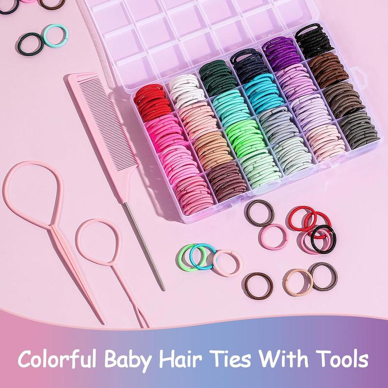 360 count Hair Accessory Set: Elastic Ponytail Holders, Clear Organizer Box, Rat Tail Comb, 24 Colors for , , and Girls