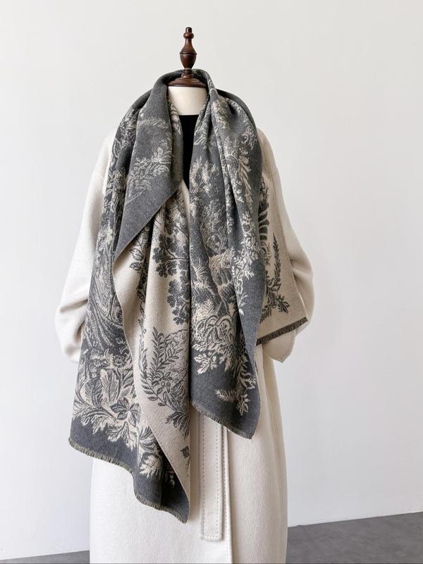 Vintage Floral Print Double Sided Long Scarf, Elegant Soft Warm Shawl for Women & Men, Fashion Accessories for Fall & Winter