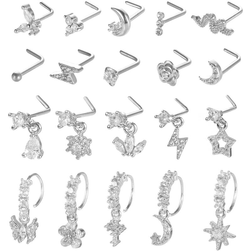 20Pcs 20G Dangle Nose Ring L Shaped Dangling Nose Stud for Women Stainless Steel Hoops Nose Piercing Jewelry