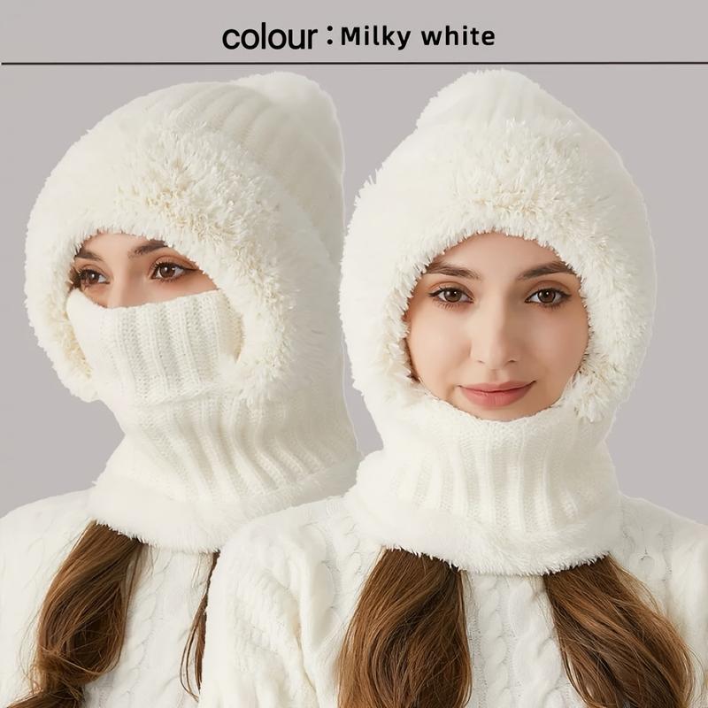 A Winter Knitted Hat-3-in-1 Knitted Hat Scarf Mask with Wool Lining and Ear Flaps Suit-Windproof Warming Kerchief Scarf, Suitable for Cycling, Acrylic Hand Wash Elastic Braided Hat, No Feather