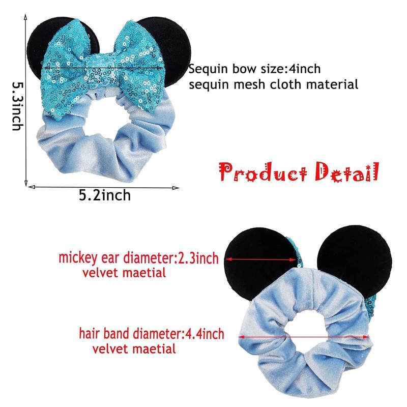 6 Pack Mouse Mickey Ears Scrunchies Velvet Sparkle Sequin Minnie Bows Hair Scrunchies Hair Ties Elastic Rubber Bands