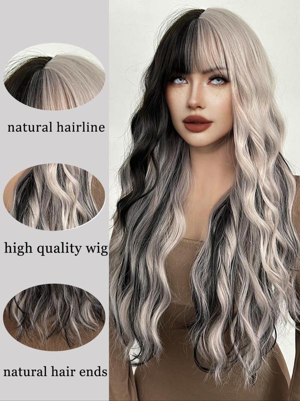 26 Inch Gray & Black Long Water Wave Wigs for Women, Gorgeous Fluffy Wigs with Blunt Bangs, Synthetic Full Machine Wigs for Women Daily Party Cosplay Costume Wig