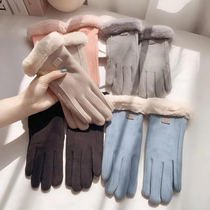 Women's Solid Color Touch Screen Riding Gloves, 1 Pair Warm & Plush Riding Gloves, Thick & Cute Women's Cold & Windproof Gloves