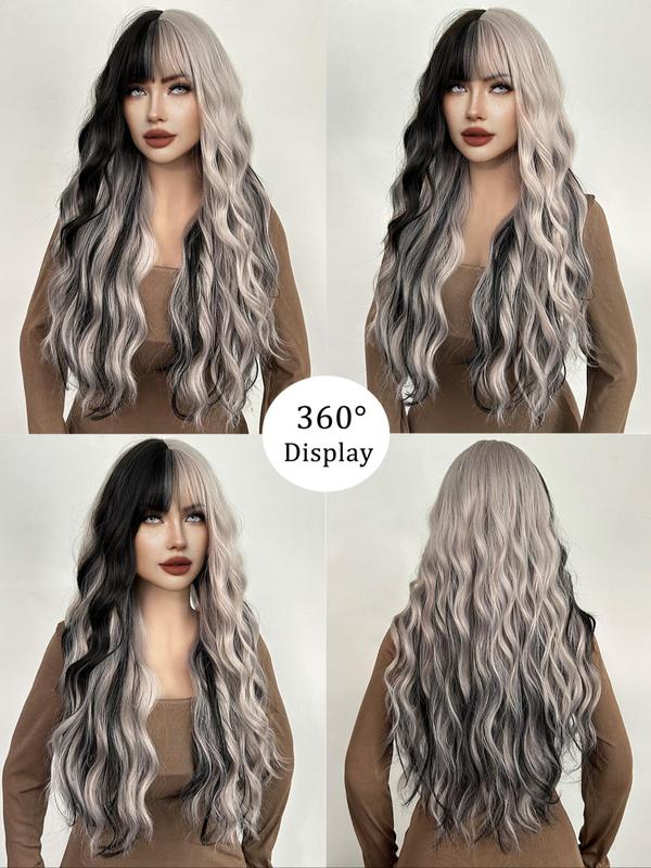 26 Inch Gray & Black Long Water Wave Wigs for Women, Gorgeous Fluffy Wigs with Blunt Bangs, Synthetic Full Machine Wigs for Women Daily Party Cosplay Costume Wig