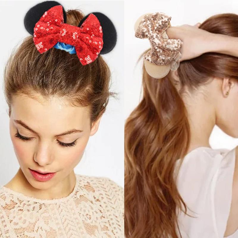 6 Pack Mouse Mickey Ears Scrunchies Velvet Sparkle Sequin Minnie Bows Hair Scrunchies Hair Ties Elastic Rubber Bands