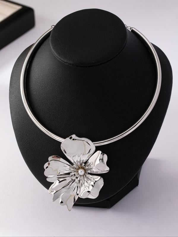 Fashion Faux Pearl Decorated Flower Design Pendant Necklace & Stud Earrings & Ring & Bangle Bracelet, Style Trendy Exquisite Jewelry Set for Party & Daily Decor, Gift for Women & Girls