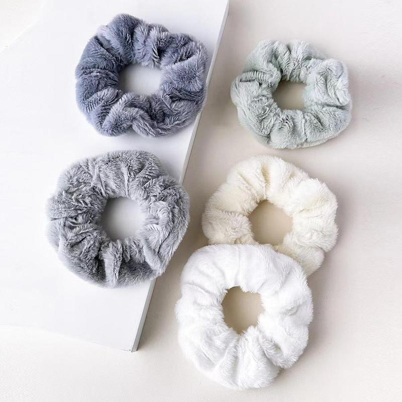 Solid Color Plush Hair Scrunchies Set, 5 Counts Cute Hair Tie, Hair Accessories for Women & Girls, Minimalist Headwear Suitable for Thick Hair