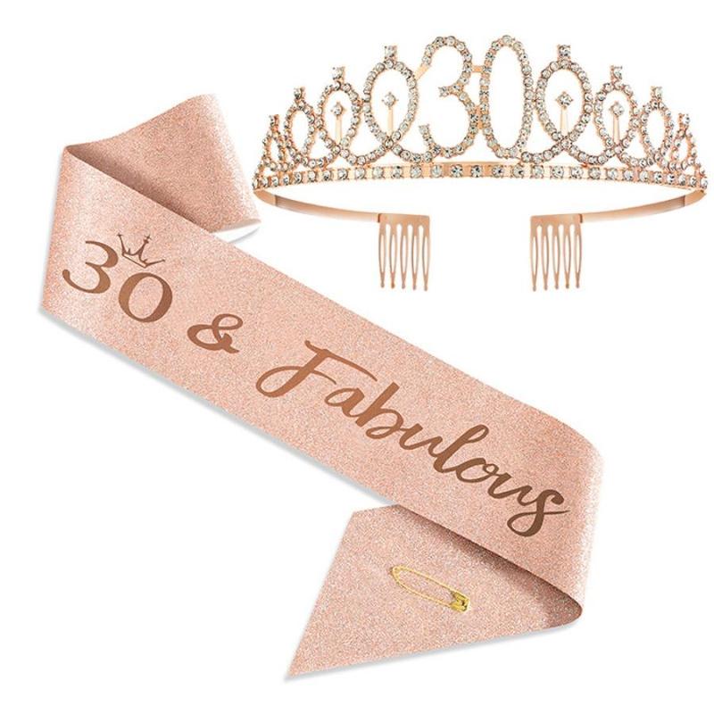 Birthday Crown & Sash Set, 1 Set Rhinestone Crown & Sash, Birthday Party Hat Accessories for Women & Girls