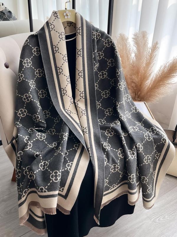 Boho Style All Over Pattern Tassel Decor Shawl, Casual Soft Warm Contrast Binding Scarf for Fall & Winter, Fashion Accessories for Women & Men, Gifts for Girlfriend, Birthday Gift for Her