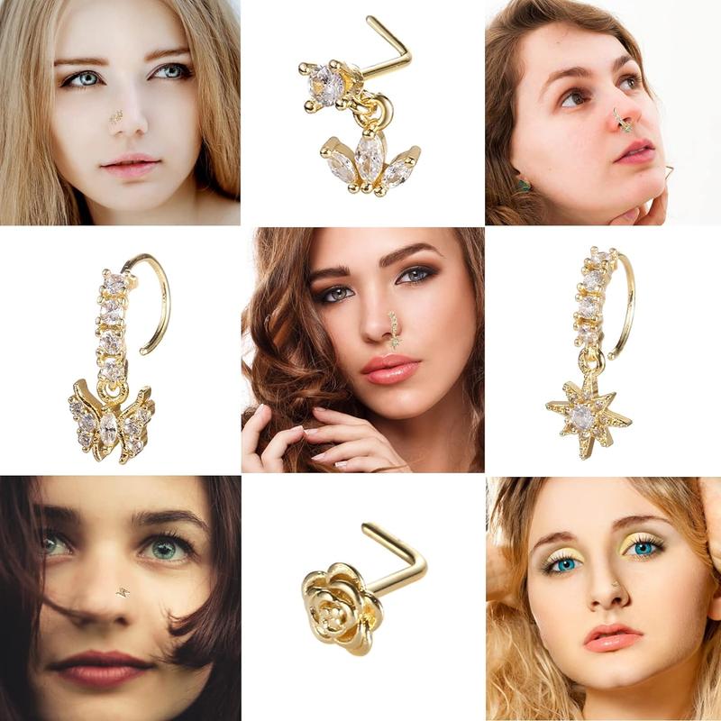 20Pcs 20G Dangle Nose Ring L Shaped Dangling Nose Stud for Women Stainless Steel Hoops Nose Piercing Jewelry