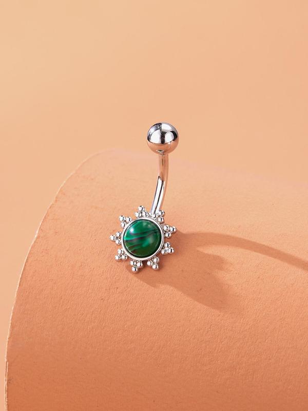 Fashion Turquoise Flower Decor Belly Ring, Casual Stainless Steel Body Jewelry for Women, Elegant All-match Fashion Accessories for Daily Wear