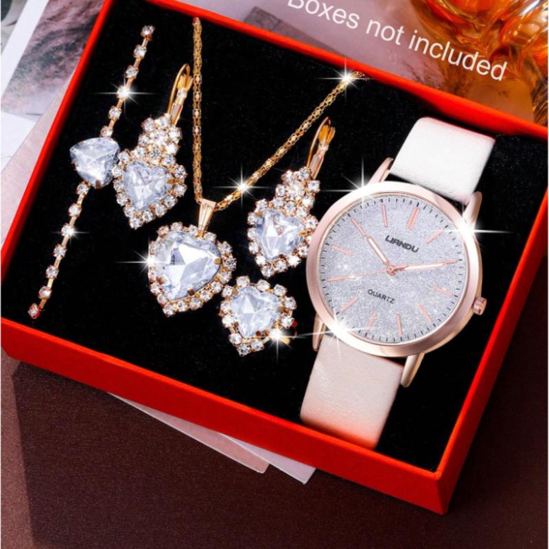 Ladies Watch 6pcs Set Ladies' White Pu Strap Quartz Watch With 'love' Dial And Heart Shaped Jewelry Set