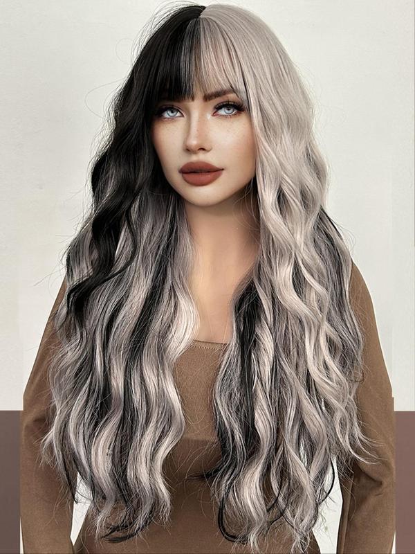 26 Inch Gray & Black Long Water Wave Wigs for Women, Gorgeous Fluffy Wigs with Blunt Bangs, Synthetic Full Machine Wigs for Women Daily Party Cosplay Costume Wig