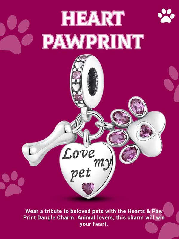 Cute Puppy Paw Design & Heart & Bone Shaped Charm, Rhinestone Decorated Dangle Charm, Suitable for Bracelet & Necklace Making, DIY Jewelry Making Accessories for Women & Girls