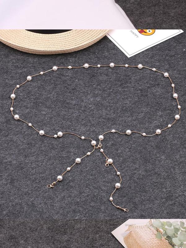 Elegant Style Faux Pearl Decorated Belt, Adjustable Faux Pearl Decor Waist Chain For Women's Dress Decoration