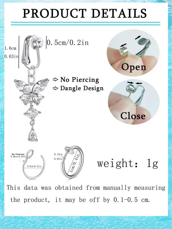 Unisex Elegant Artificial Zircon Decor Fake Nose Rings & Belly Rings, Butterfly Design Nose & Belly Jewelry for Women & Men, Trendy All-match & Exquisite Body Piercing Jewelry for Birthday Gift