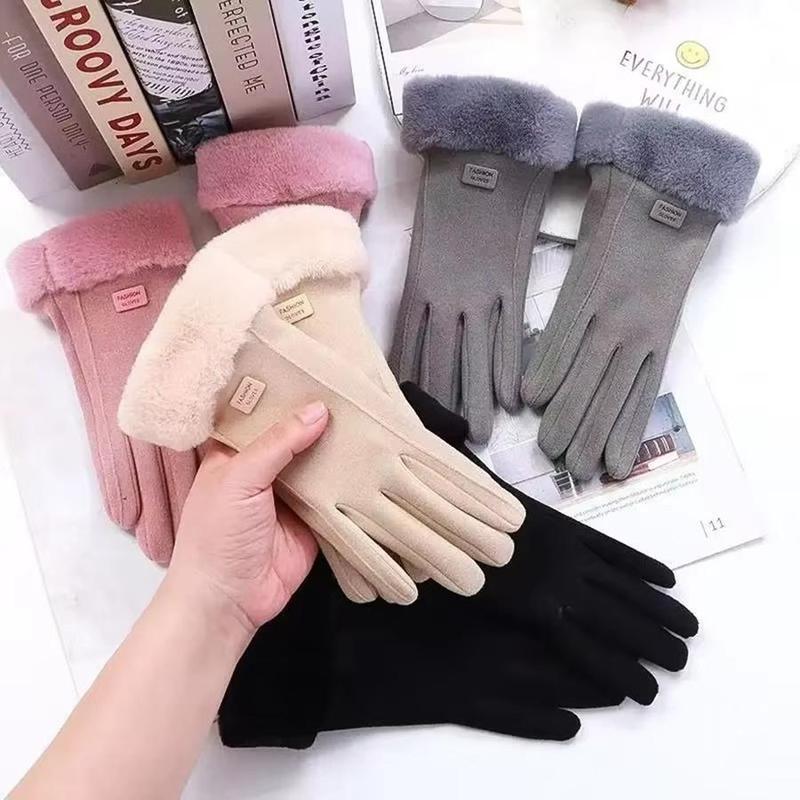 Women's Solid Color Touch Screen Riding Gloves, 1 Pair Warm & Plush Riding Gloves, Thick & Cute Women's Cold & Windproof Gloves