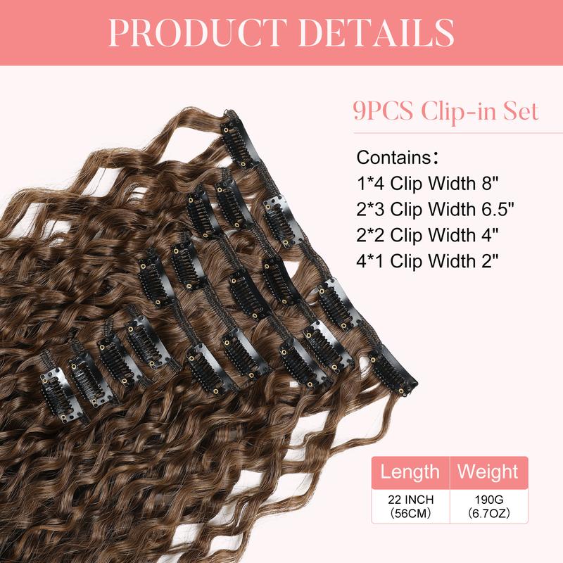 Reecho 9PCS Clip in Hair Extensions 22 Inch Curly Hair Extension Long Soft Synthetic Hairpieces for Women (Dark Brown to Caramel Brown)