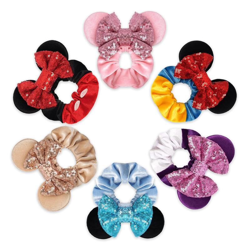 6 Pack Mouse Mickey Ears Scrunchies Velvet Sparkle Sequin Minnie Bows Hair Scrunchies Hair Ties Elastic Rubber Bands