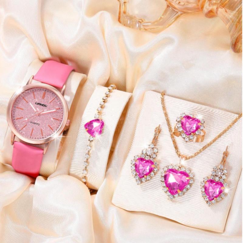 Ladies Watch 6pcs Set Ladies' White Pu Strap Quartz Watch With 'love' Dial And Heart Shaped Jewelry Set