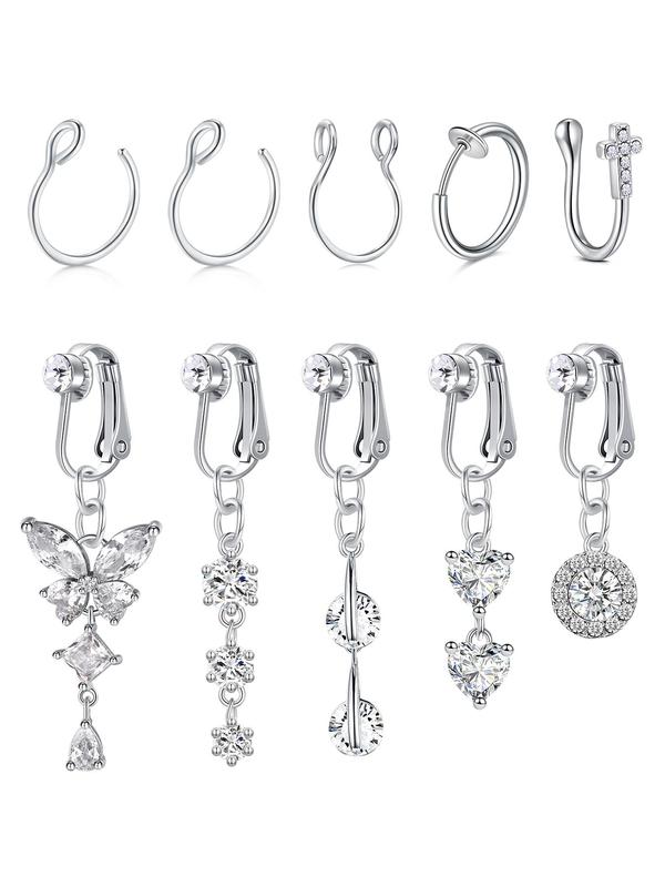 Unisex Elegant Artificial Zircon Decor Fake Nose Rings & Belly Rings, Butterfly Design Nose & Belly Jewelry for Women & Men, Trendy All-match & Exquisite Body Piercing Jewelry for Birthday Gift