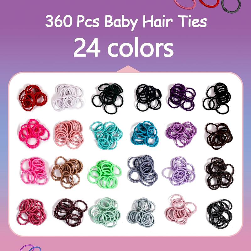 360 count Hair Accessory Set: Elastic Ponytail Holders, Clear Organizer Box, Rat Tail Comb, 24 Colors for , , and Girls