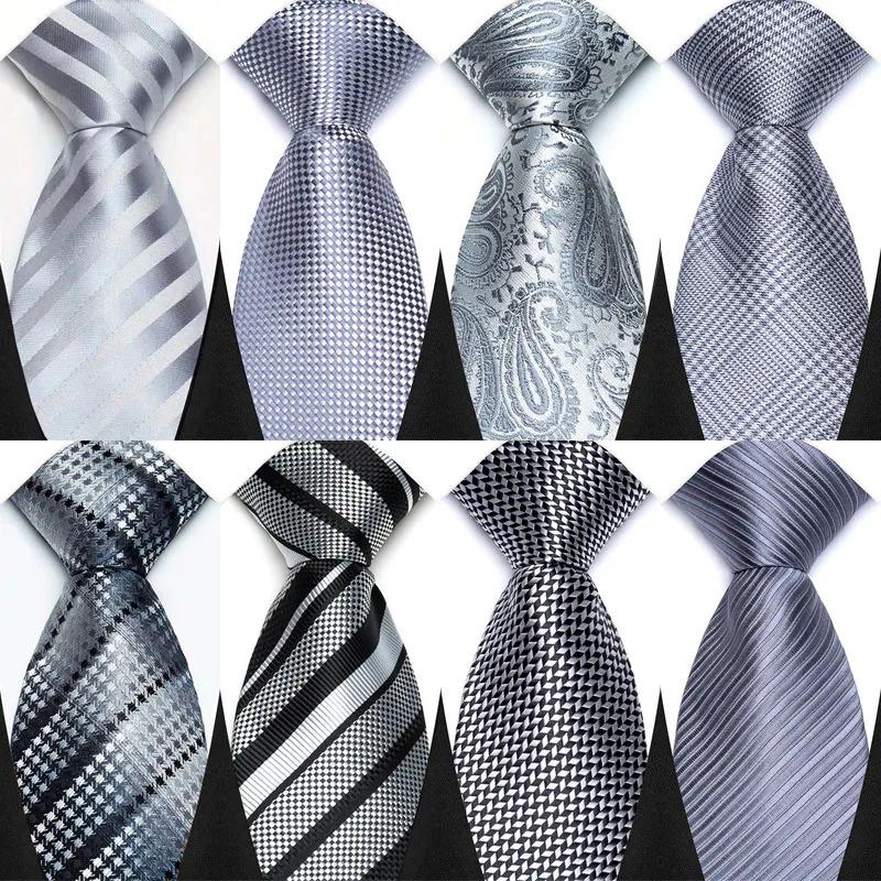 Luxury 8CM Mens Necktie Gray Sliver Color Dot Stripes Solid Tie For Man Groom Jacquard Woven Neck Tie For Business Wedding Party