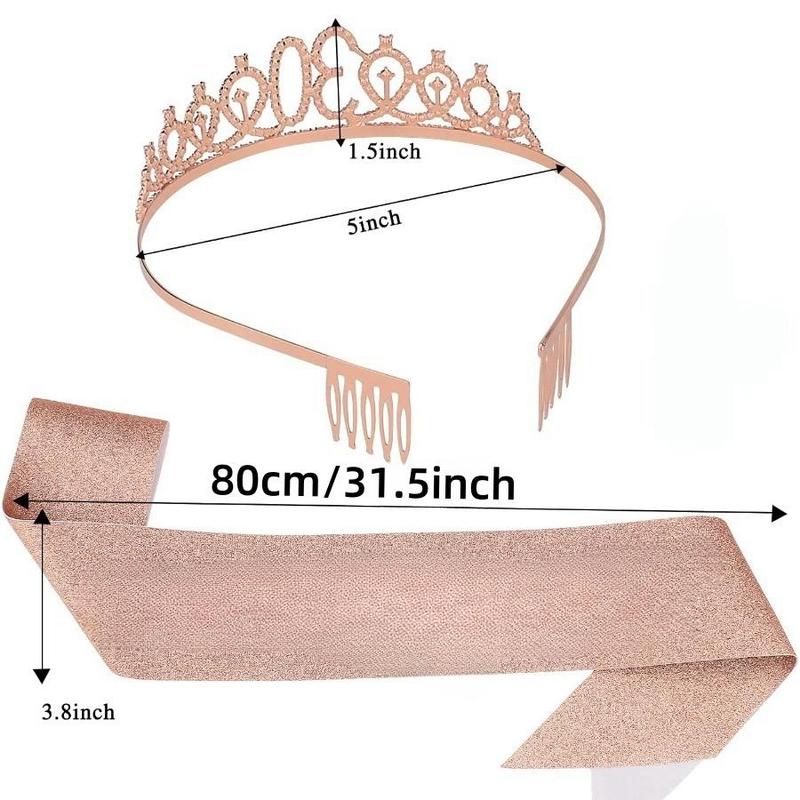 Birthday Crown & Sash Set, 1 Set Rhinestone Crown & Sash, Birthday Party Hat Accessories for Women & Girls