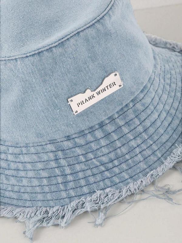 Letter Patch Washed Raw Trim Bucket Hat , Casual Outdoor Sun Protection Cap for Women & Men, Fashion Accessories for Daily & Back To School