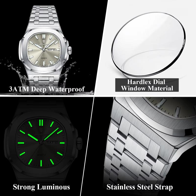 POEDAGAR Luxury Military Man Watch Square Waterproof Luminous Date Week Men Watch Stainless Steel Quartz Men'S Watches Reloj+Box POEDAGAR