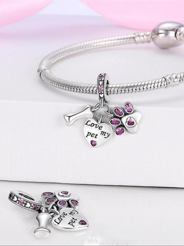 Cute Puppy Paw Design & Heart & Bone Shaped Charm, Rhinestone Decorated Dangle Charm, Suitable for Bracelet & Necklace Making, DIY Jewelry Making Accessories for Women & Girls