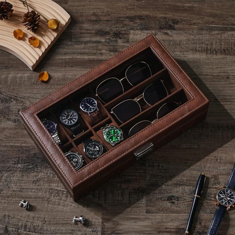 Watch Box Sunglass Organizer with Real Glass Top, 6 Watch Case and 3 Slots Sunglasses Box for Men, Faux Leather, Real Glass Top, Brown SSH18Z