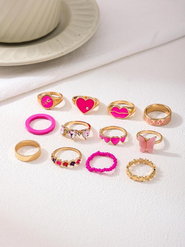 Cute Heart & Rhinestone Decorated Mixed Ring Set, Boho Style Jewelry for Women & Girls, Trendy All-match & Exquisite Jewelry for Birthday Gift