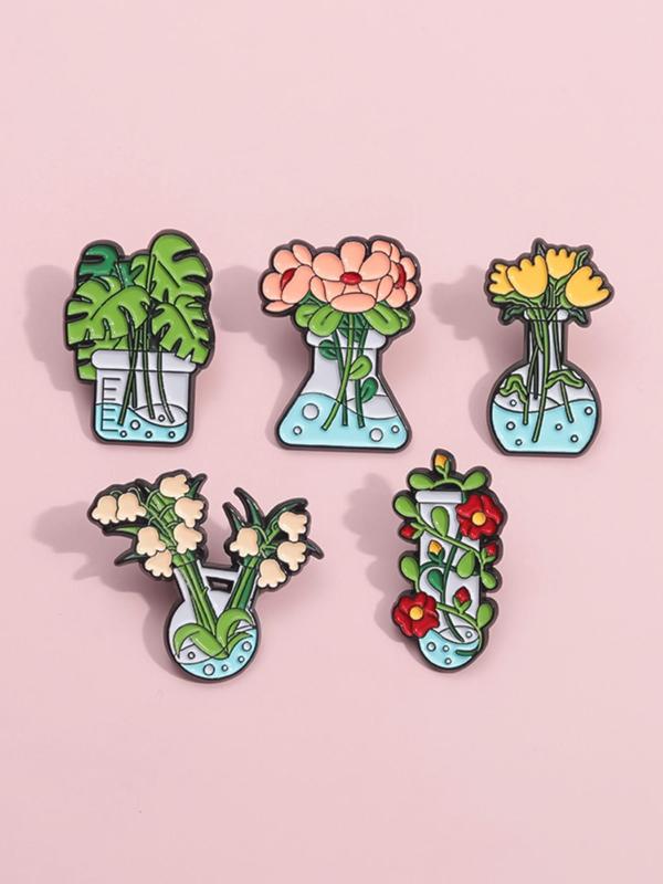 Cartoon Plant Potted Design Brooch, 5pcs Cute Plant Brooches for Party, Daily Clothing Decor, Trendy Exquisite Brooches for Birthday Gift