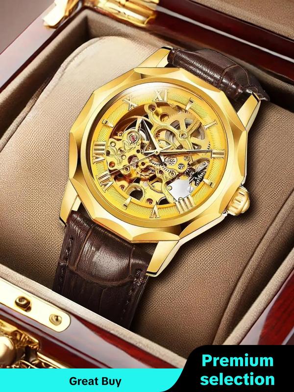 Men's Business Fashion Round Dial Stainless Steel Strap Analog Mechanical Watch,  Skeleton Wrist Watch for Party, Daily Clothing Decor, for Birthday Gift with Box